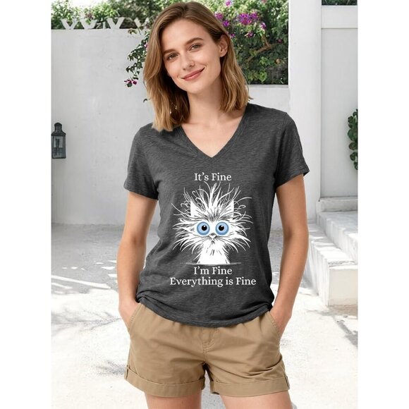 Women's Cotton Blend V Neck T-Shirt Cute Cat Graphic Short Sleeve Casual Top - Picture 3 of 4